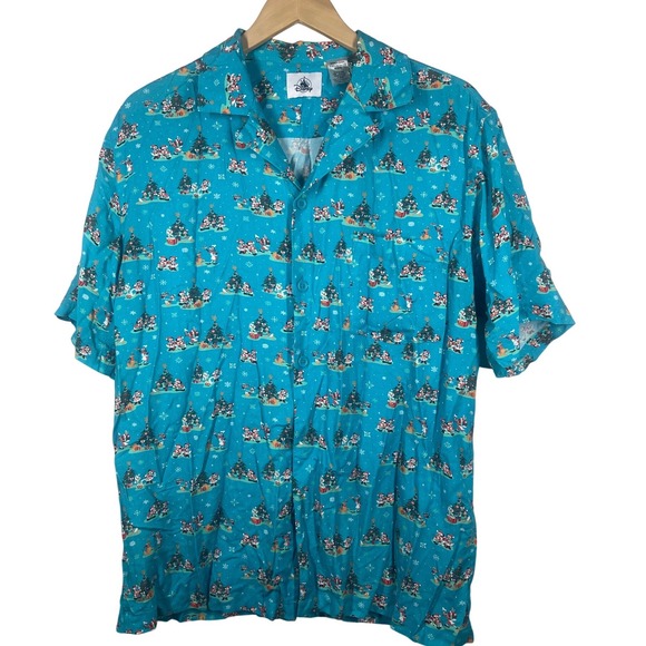Disney Other - Disney Parks Mickey Mouse Christmas Holiday Teal Button Front Shirt Mens M